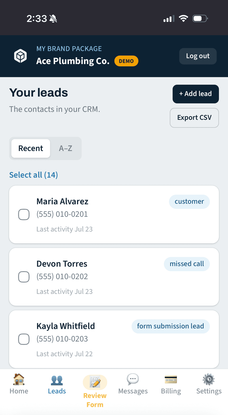 The leads list with contacts, tags, and select-all for bulk texting